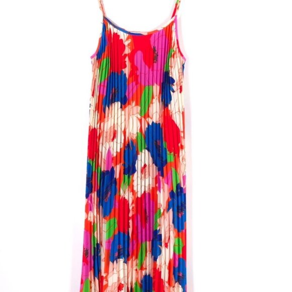 NWT Sam Edelman Women’s Midi Dress Retro Floral Plisse Bright Colorful LARGE - Picture 3 of 12